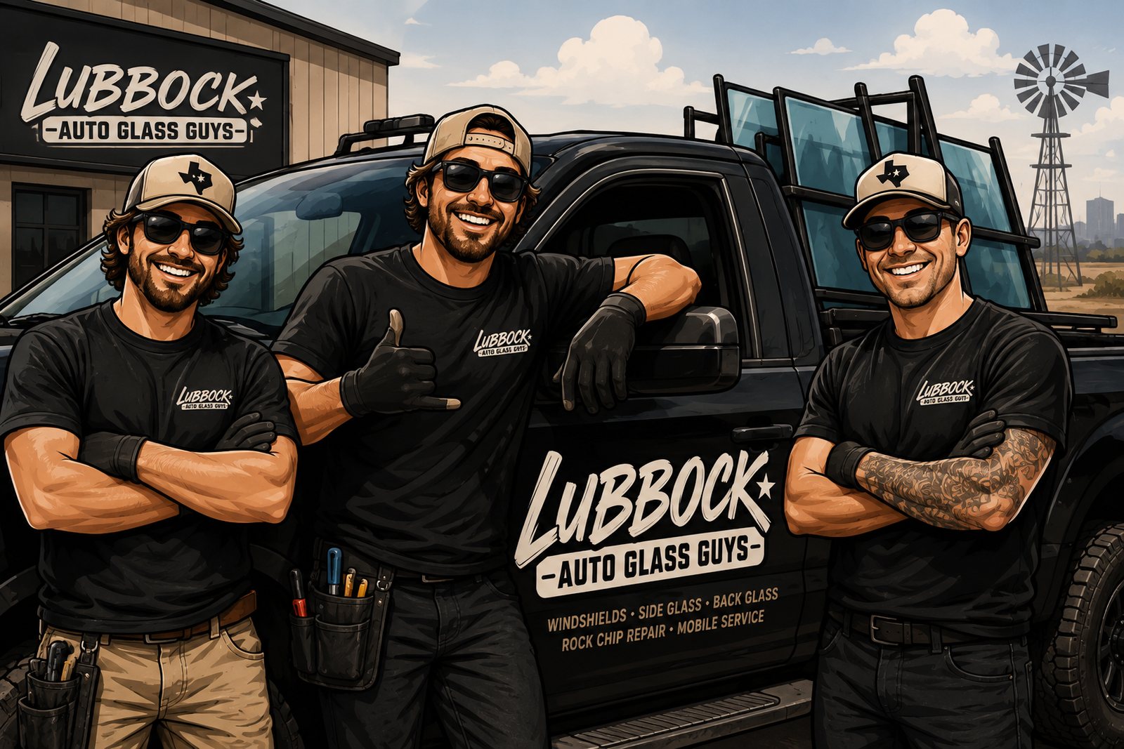The Lubbock Auto Glass Guys crew standing with their glass truck